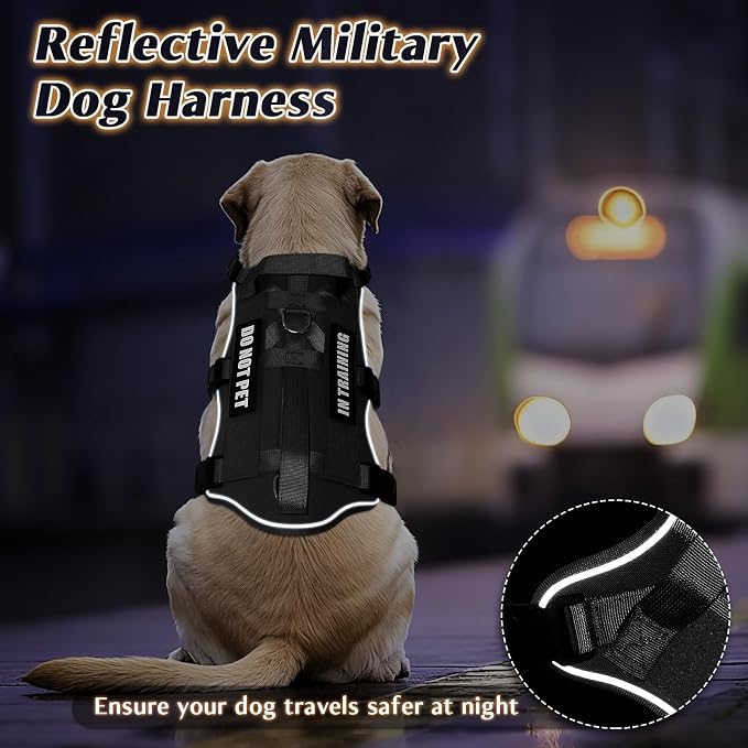 Escape Proof Dog Harness with Double Handle+4 Removable Patches | Service Working Molle Harness with Double Handle for Large Dogs, Tactical Pet Reflective Vest for Walking Hiking Hunting