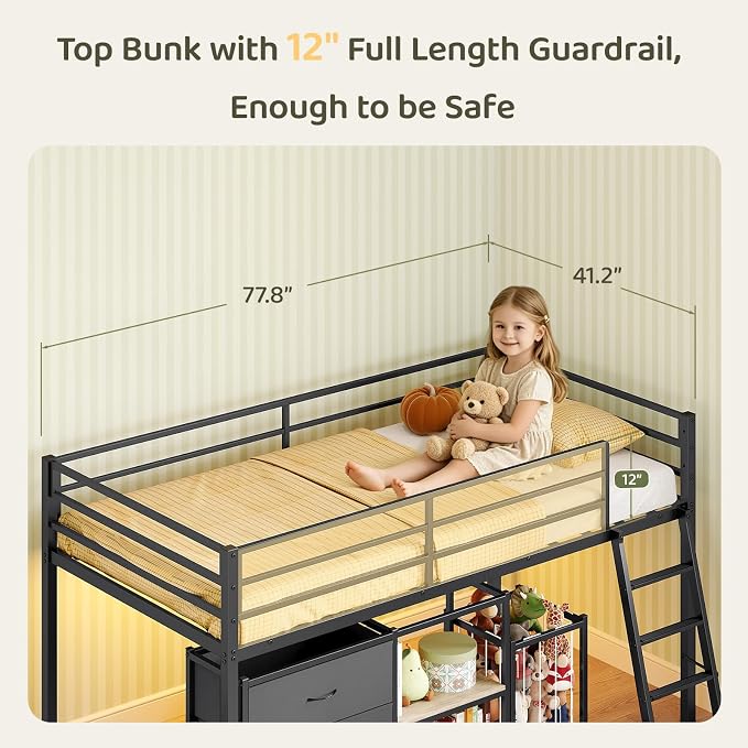 Bonnlo Low Loft Bed with 3 Drawers, 2-Tier Storage Shelf and Toy Storage Basket, Metal loft Bed Twin Size with LED Lights and Safety Guardrail for Kids (Black)