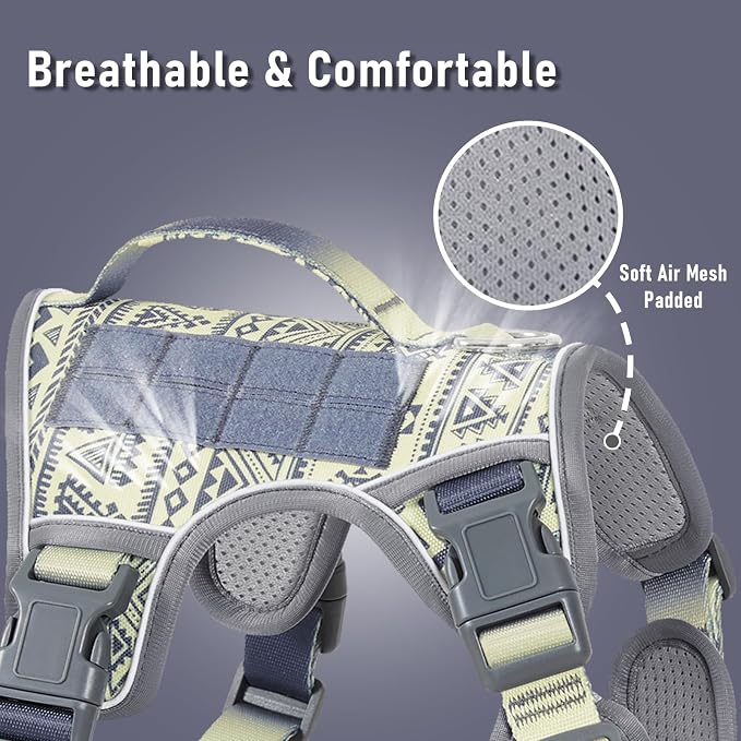 AUNZO Gray Tactical Dog Harness for Large Dog Breeds, No Pull Adjustable Pet Harness with Handle, Reflective K9 Military Service Dog Vest for Walking Hiking Training, Gray Ethnic, XL