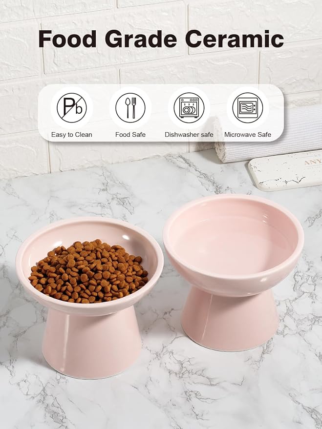 LoeJan Elevated Cat Food and Water Bowls Set, Extra Wide and Raised Ceramic Feeder, Anti-Vomit Whisker-Free Pressure Feeding Bowl for Kittens Adult Cats Small Dogs(Pink, Food Bowl)