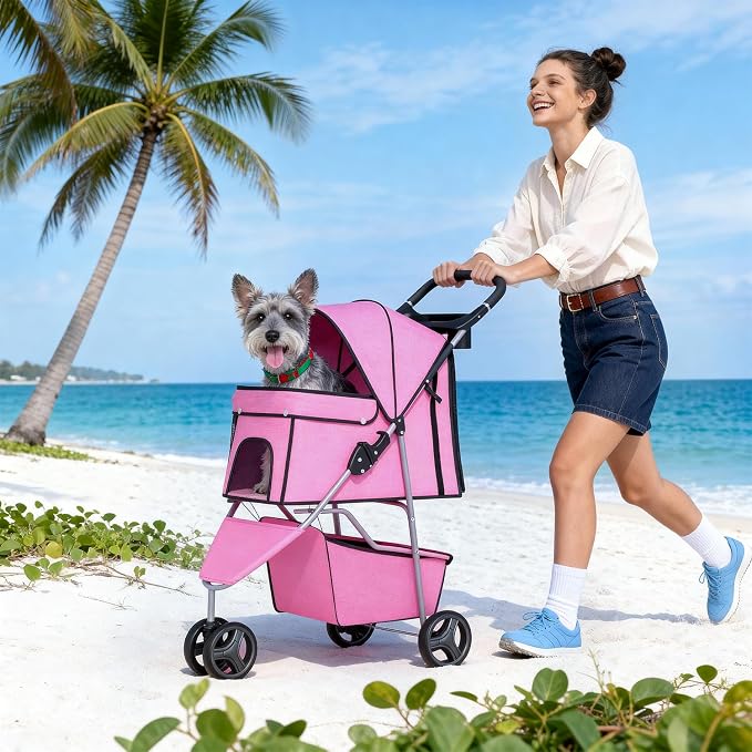 BestPet 3 Wheels Pet Dog Stroller Cat Cage for Medium Small Dogs Cats Travel Folding Carrier Waterproof Puppy Stroller with Cup Holder & Removable Liner,Pink