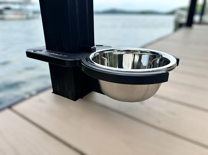 Dock Mounted Dog Bowl & Holder – UV & Rust-Resistant, Marine-Grade, Easy No-Drill Installation, Made in The USA- Fits a 4" Square Post