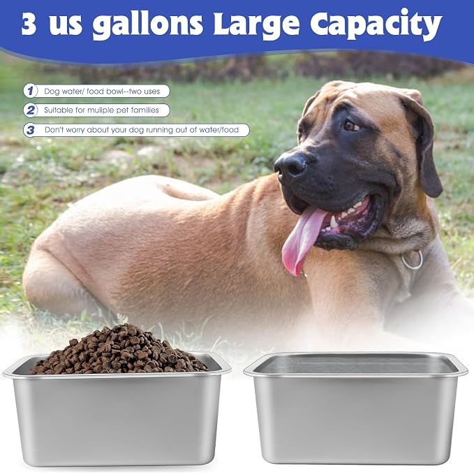 3 Gallon Large Dog Water Bowl, 2 Pack Stainless Steel Dog Bowls | 14 x 10.3 x 6 in Bowl Set, Food or Water Use, Indoor Outdoor Use, Wide Opening, Rounded Corners, Easy Rinse