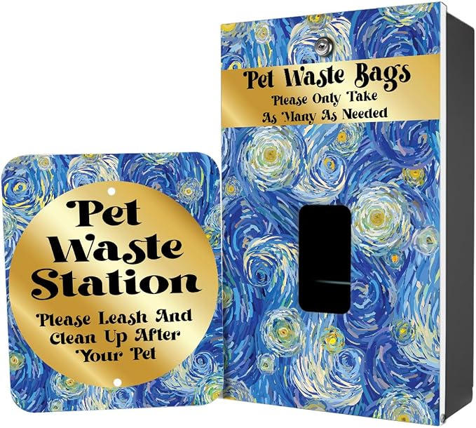 ZERO WASTE USA - Aluminum Dog Waste Station - Starry Night | Matte Black | DISPENSE-ART™ UV printed aluminum station with MittN™ mitten bags, 25% more dispenser storage, commercial outdoor design