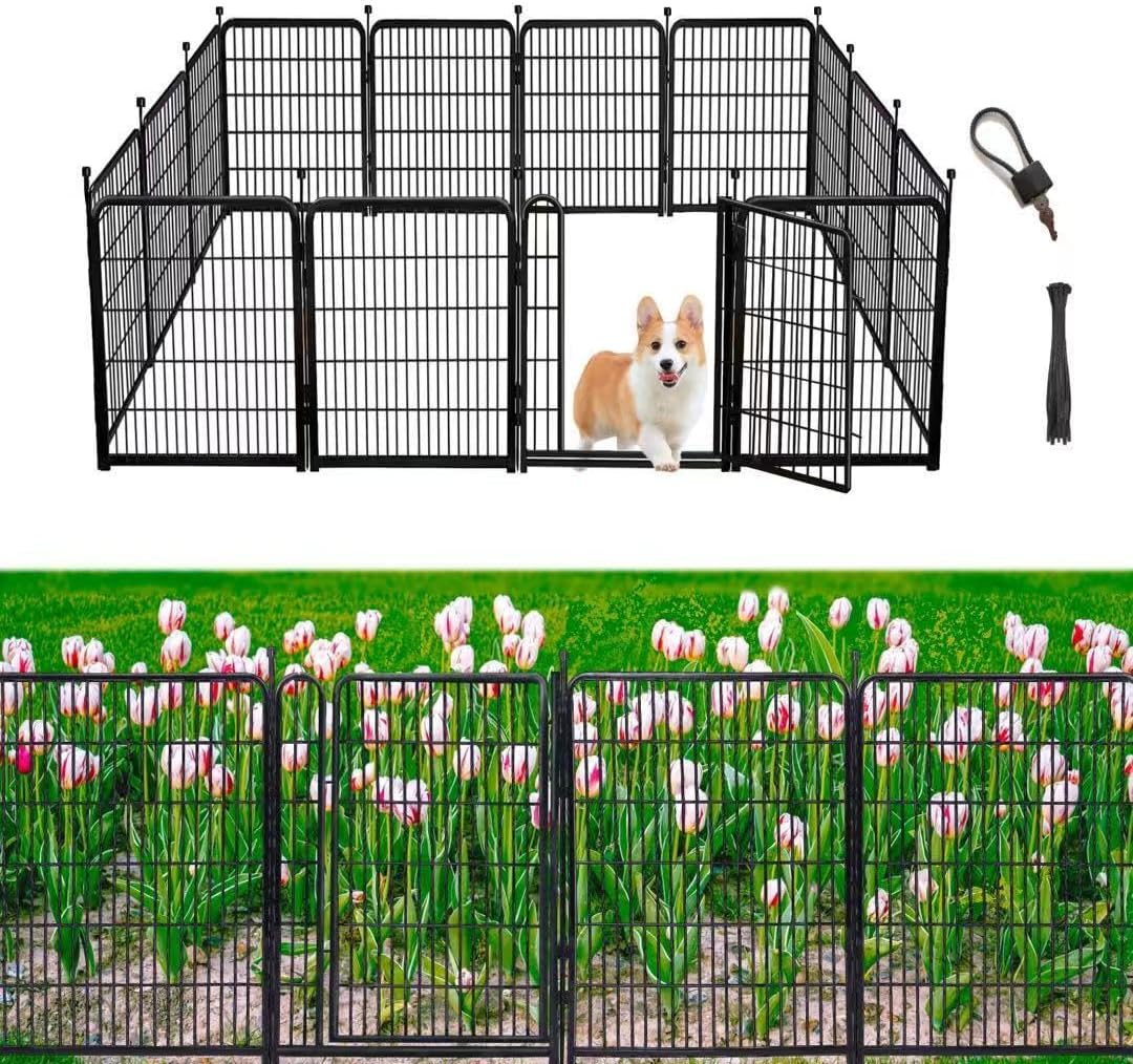 Garden Fencing 48in High, 12 Panels Total 26.6Ft(L) Dog Fence Outdoor for Yard, Gate 21 in Wide with Low Sills. Black Metal Fencing for Yard 4ft Tall, Garden Fences, Animal Barrier Fence