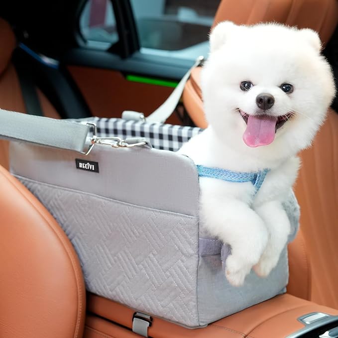 Console Dog Car Seat for Small Dogs Cats Up to 11lbs, Anti-Collapse Pet Armrest Booster Seat with Soft Pillow,Non-Slip Seat Rails Hooks & Safety Belt, Portable Car Accessories for Pets Travel
