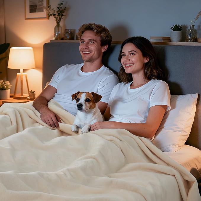 LOOBANI Waterproof Blanket for Bed, Soft Flannel Twin Bed Blanket 60" x 80" | Pet Blankets for Large Dogs, Reversible Spill-Proof, Ideal for Couch Cover, Movie Time, Camping, Travel, Noise Free, Beige