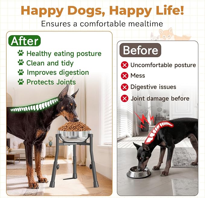 Elevated Dog Bowl Stand for Large Medium Breeds, Extra-Stable Food Feeder | Adjustable Size 4 Heights Width 6-10in, Anti-Tip Metal Raised Water Dish Holder, Non-Slip Tall Single Lifted Riser