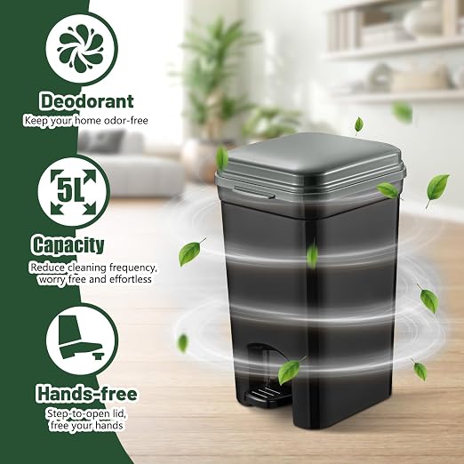 Small Pet Trash Can with Locking and Lid Hands-Free Pedal for Outdoor & Indoor Cat Litter Dog Poop Garbage Bin 5L/1.32 Gallon with 20PCS Waste Bags & Activated Carbon Bag, US
