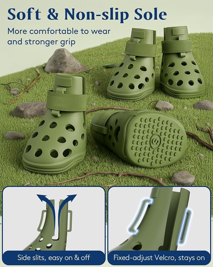 Dog Shoes for Hot Pavement, Breathable Dog Boots Paw Protectors with Adjustable Straps & Non-Slip Sole, Easy On & Off, Waterproof, Easy-Cleaning (Olive Green, XL)