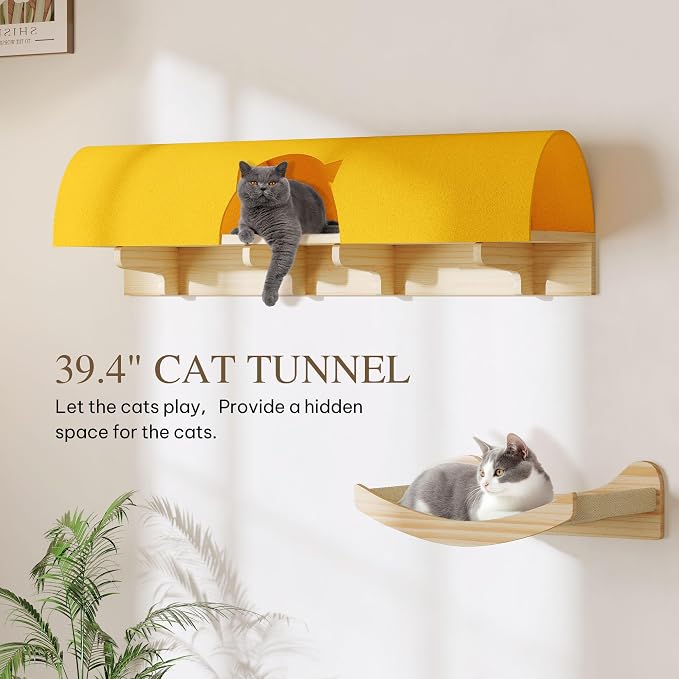 Cloud Cat Wall Shelves, 12-in-1 Wall Mounted Cat Shelf w/Tunnel | Solid Wood Floating Shelves for Indoor Large Cats, Multi-Level Cat Climbing Wall Systems with Scratching Post, Space Saving
