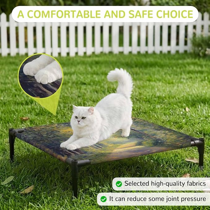 Outdoor Elevated Dog Bed for Small Dogs, Farmhouse Forest Breathable Cooling Raised Dog Cot for Indoor/Outdoor, Pastoral Country Sun Light Trees Waterproof Elevated Pet Beds, S 20 x 20 in