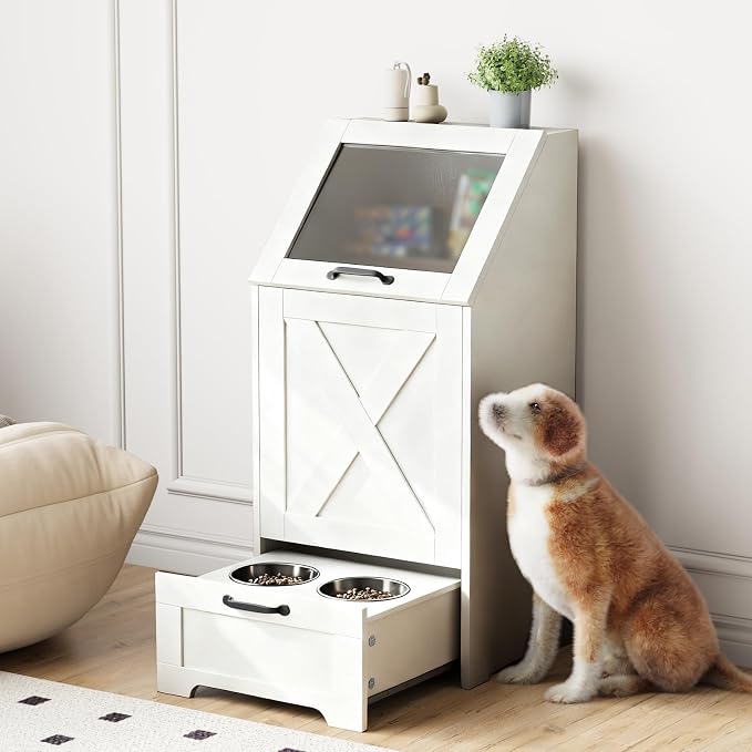 Dog Feeding Station with 2 Elevated Bowls, Dog Food Storage Cabinet with Pet Toy Organizer and Flip Top Pet Feeding Station,Hidden Pet Feeder Station for Cats and Dogs(Dog Feeding Station-White)