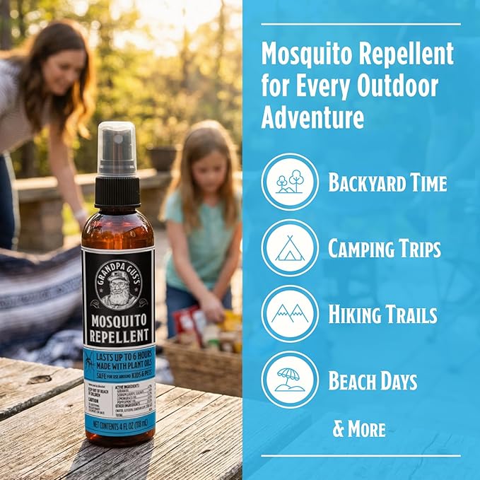 Grandpa Gus's Natural Mosquito Repellent Spray - DEET-Free Plant-Based Insect Repellent for Kids and Family, Up to 6 Hours, Travel-Friendly Bug Spray, 4 oz 2 Pack