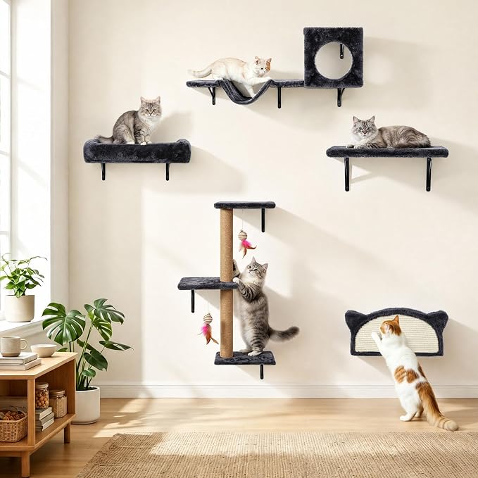 5-in-1 Cat Wall Shelves for Indoor Cats, Wall Mounted Cat Furniture Set with Bed, Perch, Hideaway Condo, Scratching Post & Scratcher, Cat Climbing Wall Playground, Space Saving Design, Black