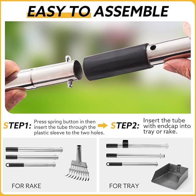 Adjustable Metal Dog Pooper Scooper Tray and Rake Set for Pet Waste Removal | Adjustable Stainless Steel Long Handle, Light Weight Aluminum Tray,Durable Carbon Steel Rake,For Medium Small Dogs