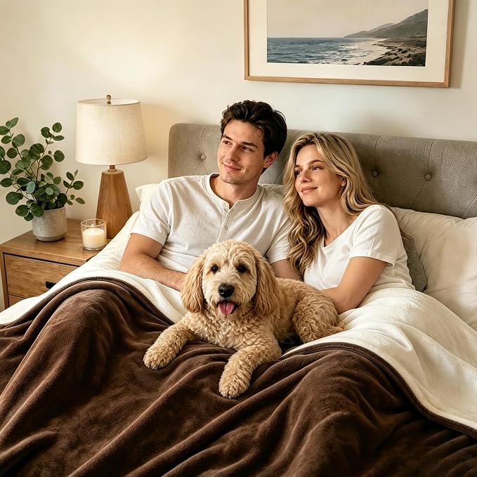LOOBANI Waterproof Blanket for Bed Intimacy Queen Size 80"x90", Coffee | Double-Side Leak-proof Cozy Flannel, Reversible, Stain-Proof Cover for Rest Movie Time, Furniture Protection, Large Dogs