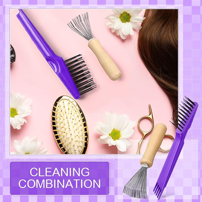 Boao 2 Pack Hair Brush Cleaning Tool,2-in-1 Comb Rake and Brush Cleaner for Removing Hair,Dust and Buildup,Mini Hairbrush Accessory for Home&salon(Purple, Wood Color,Polished Wooden Handle Rake)