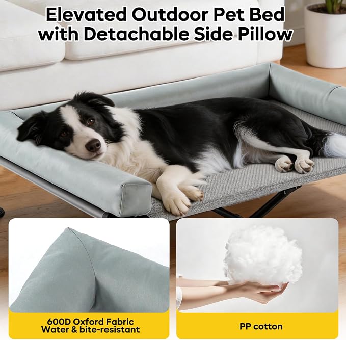 iweepet 4 in 1Elevated Dog Cot with Removable Canopy & Bolster Pillows for Extra Large Dog,Cooling Raised Outdoor Dog Bed with Breathable Teslin Mesh,Carry Bag for Camping,Patio, Backyard, 52''