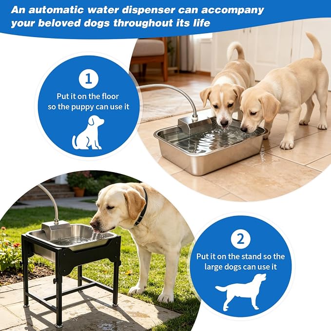 3 Gallon Outdoor Automatic Dog Water Dispenser, 4-Height Stand | Dog Water Bowl Dispenser, Auto-Refill Float Valve, Stainless Steel Bowl, Outdoor Livestock Use, 4 Heights, 14 x 10.6 x 5.9 in