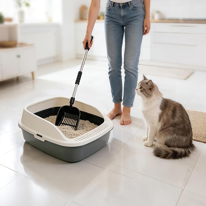 Cat Litter Scoop, Metal Litter Scooper with Detachable Long Handle, Cat Litter Sifter with Deep Shovel, Wide Slits for Easy Cleaning, Large Cat Poop Scooper Includes Hook