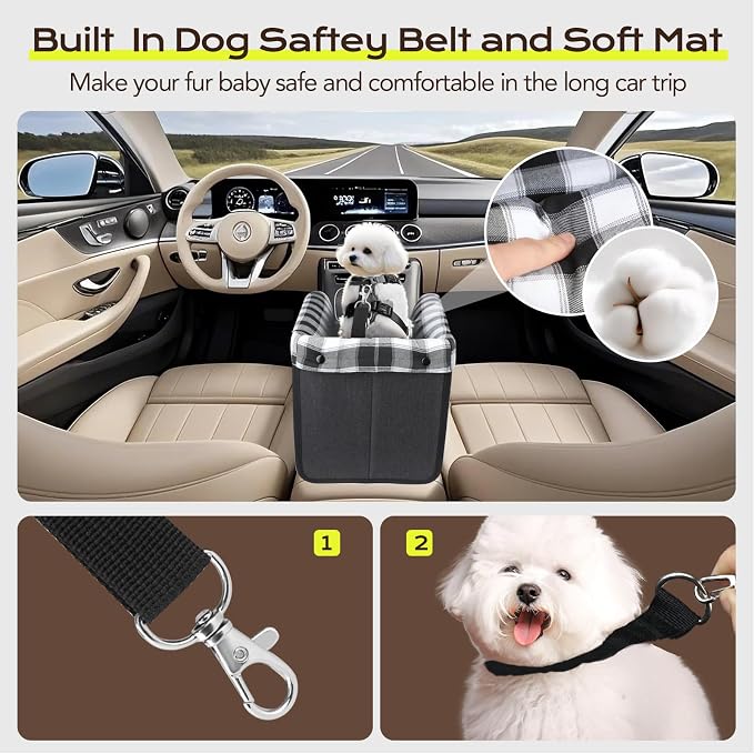 Center Console Dog Car Seat, Detachable and Washable Inner Lining Dog Cat Car Seat Anti-Collapse Small Dog Pet Car Seat with Safety Belt Up to 11lbs(Black)