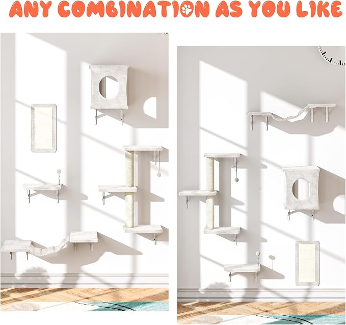5 Pcs Cat Wall Shelves Set, Wall-Mounted Climber with Cat House, Scratching Post, Bridge, Hammock, Space-Saving Play Furniture, White