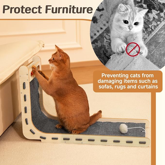 Cat Scratcher with Bell Ball Cat Scratch Pad L-Shaped Scratch Mat Vertical Cat Scratching Board for Indoor Cats Felt Cats Scratching Post Furniture Protector Kittens Cratchers Toys- Grey