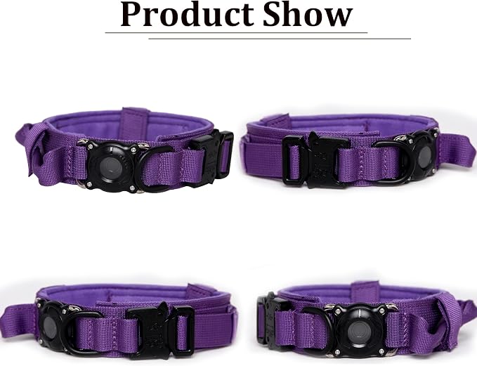 Tactical Dog Collar and Leash Set with Airtag Holder Waterproof Dog Airtag Collar with Handle Adjustable Heavy Duty Dog Collar Leash Set(DeepPurple，XXL