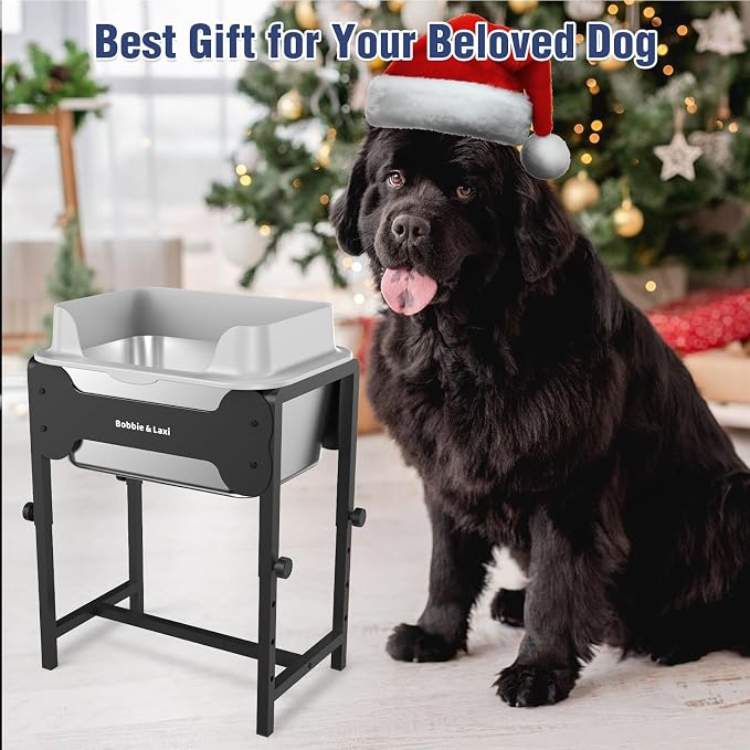 Bobbie & Laxi Adjustable Elevated Dog Bowl, 2.5 Gal Splash Guard, 4 Heights | 4 Adjustable Heights, Built-In Splash Guard; Non-Slip Stainless Steel for Large & Medium Dogs