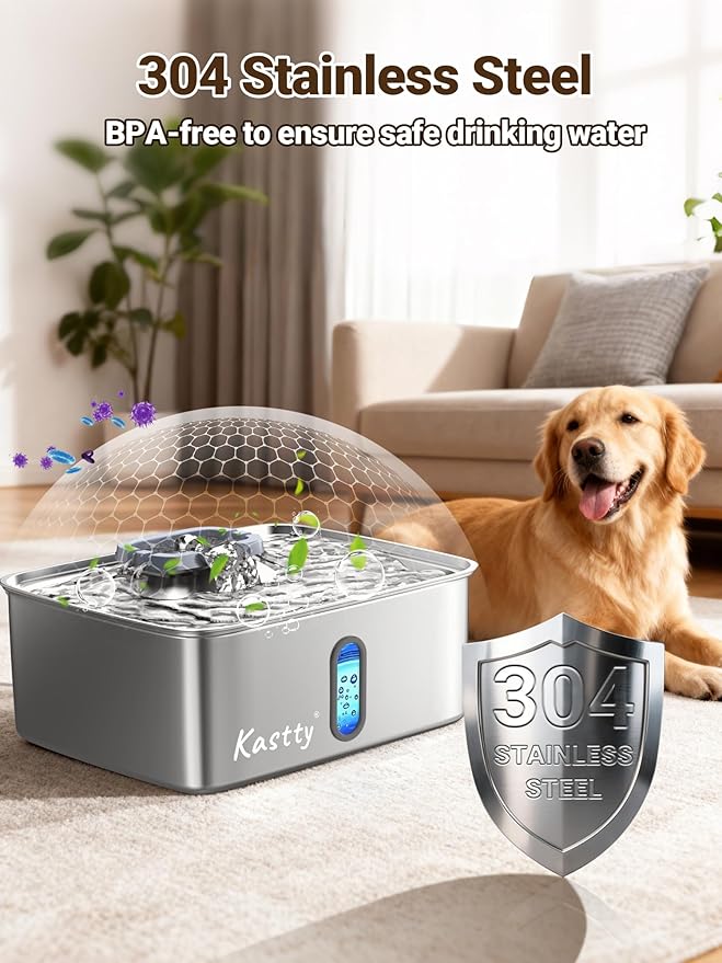 Kastty Dog Water Fountain for Large Dogs: 15L Stainless Steel Dog Water Bowl Dispenser -Super Quiet Pet Water Fountain with Visual Water Level-Great for Large Dogs Cats and Multi-Pet Home FS78(Grey)
