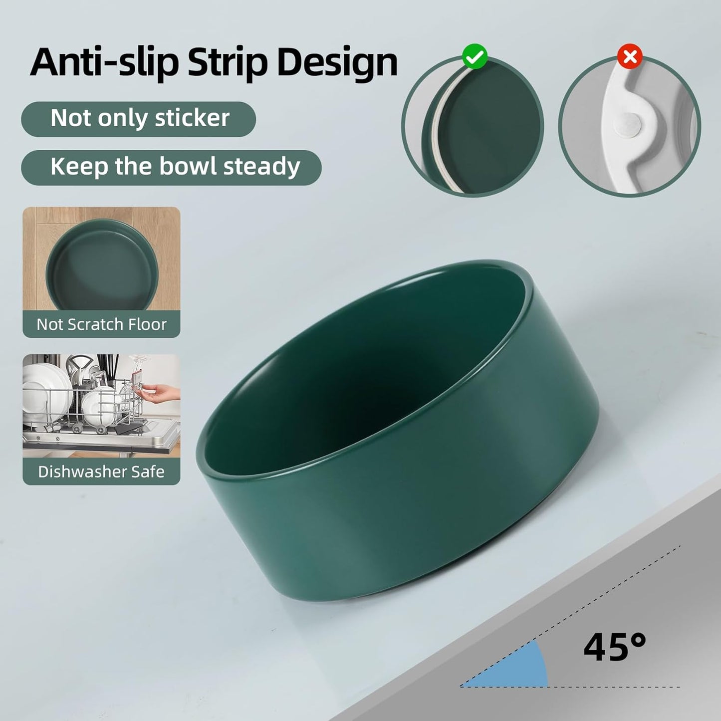 Ceramic Elevated Dog Bowl Set, Food and Water Bowl for Medium Dogs, Weighted Dishes, Green (7.3'', 41OZ)