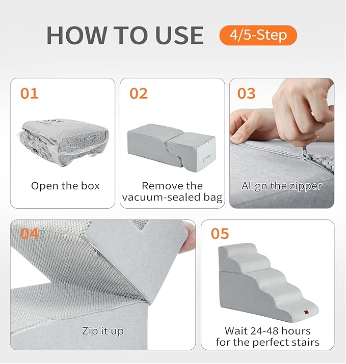 Made4Pets Dog Stairs Ramp for High Bed 22.8" H, 5-Step Pet Stairs for Bed Couch Sofa Climbing, 35D Foam Pet Steps for Small Dogs and Cats, Non-Slip Bottom Dog Steps, Light Grey