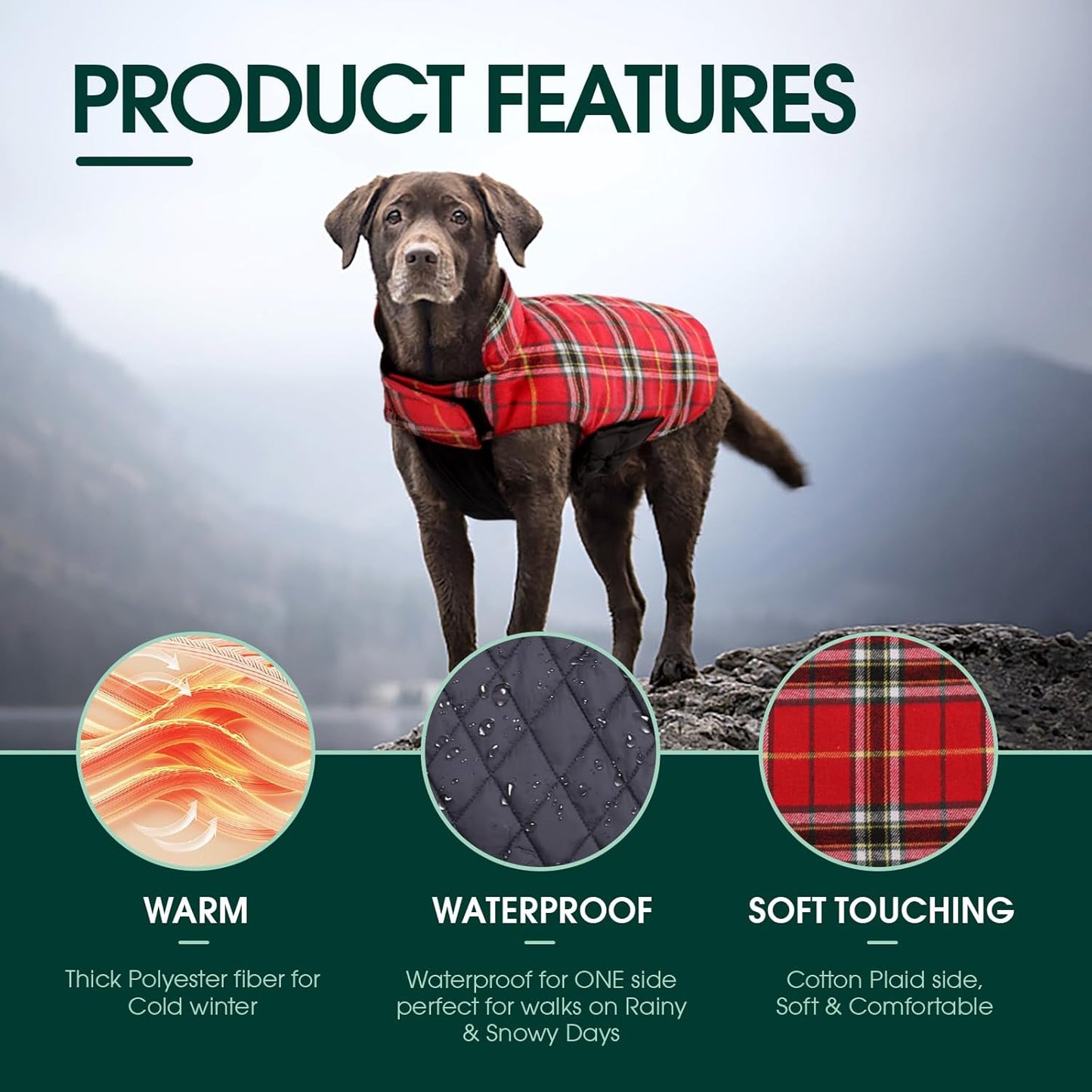 Kuoser Warm Dog Coat, Waterproof Dog Jacket for Extra Large Dogs, Adjustable Durable XXL Doggie Winter Coat Reversible Puppy Cold Weather Apparel from Small to Large Breed, Bright Red XXL