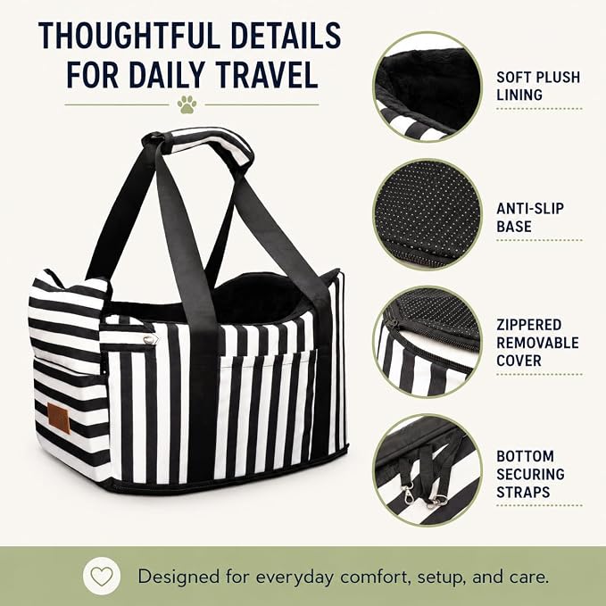 Console Dog Car Seat for Small Dogs to 15lbs (Black& White Stripes) | Center Console Puppy Booster and Portable Travel Bed, Anti-Collapse Design with Washable Fluffy Cushion