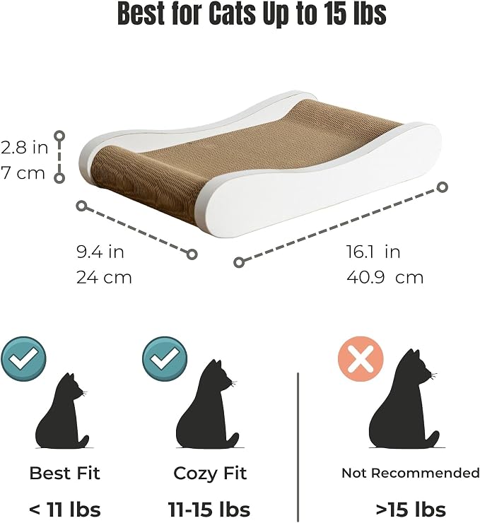 Claw Surfer Cat Bed - Cat Scratcher Bed & Lounge – Heavy Duty High-Density Cardboard, Lasts 5X Longer. Modern Curved Scratching Pad with 20mm White Frame. Non-Toxic, No Mess, White