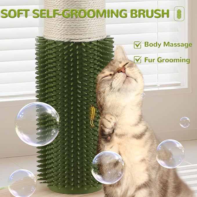 45'' Extra Tall Cat Scratching Post for Large,3.5Inch Natural Sisal Scratcher Tree with Solid Wood Base,Stable Scratch Tower with Interactive Toy,Self Groomer,Climbing Pole for Full Body Stretching