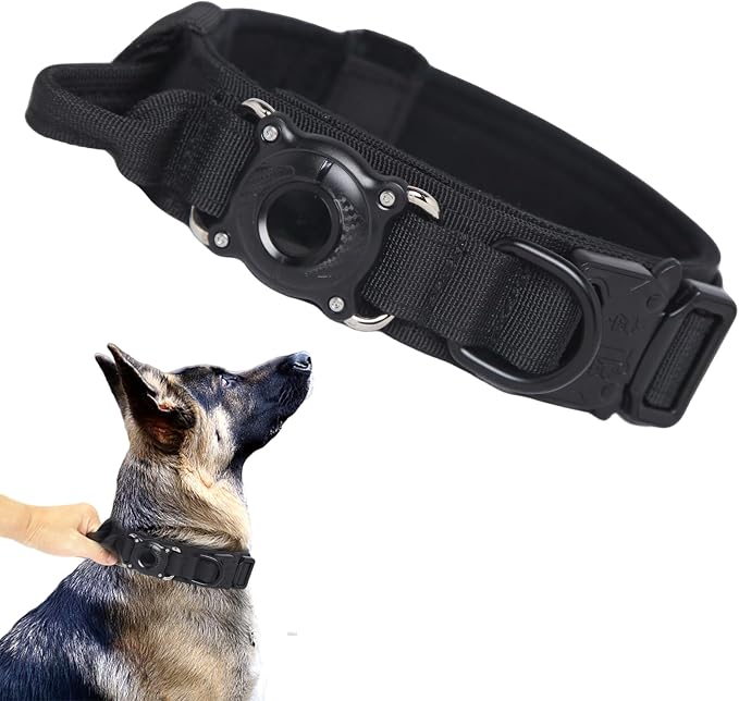 AirTag Dog Collar for Large Dogs Tactical Dog Collar with AirTag Holder | Upgrade Waterproof,Adjustable,Control Handle,Quick-Release Metal Buckle,1000D Nylon Fabric,Soft-Padde,Velcro Patch(Black,M)