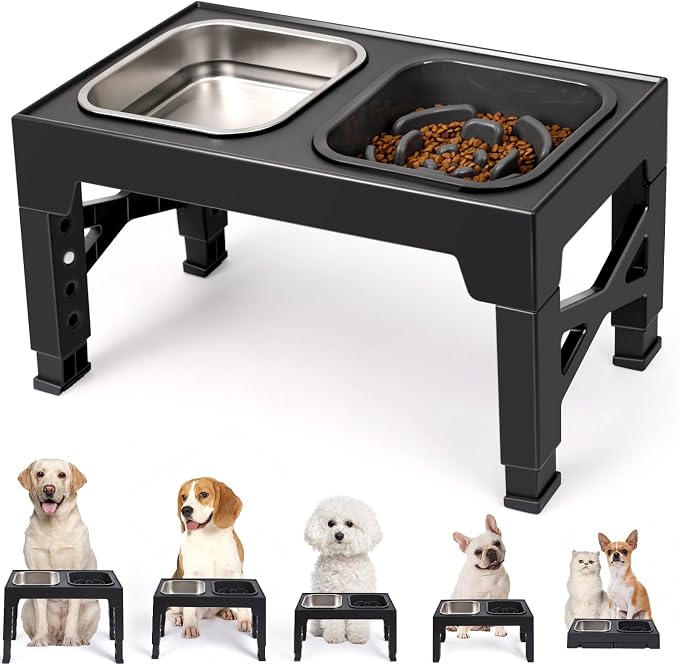 Elevated Dog Bowls, with Slow Feeder Bowl and Stainless Steel Dog Food Bowl, Raised Dog Bowls Adjusts to 5 Heights (3.15", 8.66", 9.84",11.02", 12.2") for Small Medium and Large Dogs