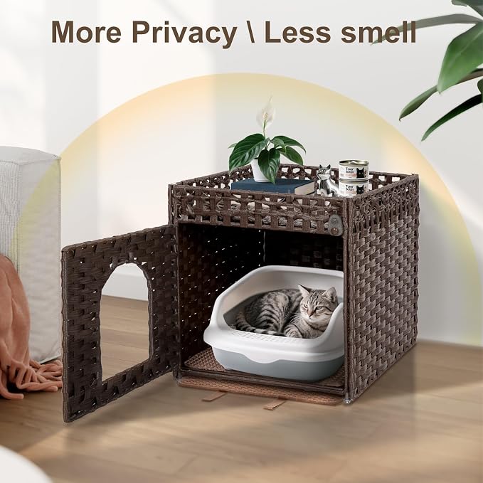 Handwoven Rattan Cat Litter Box Enclosure Furniture - Hidden Cabinet with Odor-Control Mat, Anti-Spill Fence & Secure S-Hooks for Living Room/Bedroom, 18.2"x18.2"x24.5" (Brown)