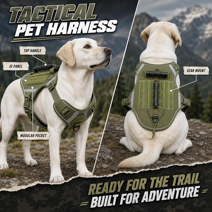 Tactical Dog Vest with Handles,No Pull Tactical Service Dog Harness with Molle System, Adjustable Reflective Pet Vest for Walking Hiking Training Army Green M