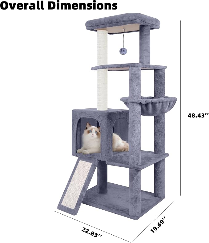 TWDEPART 55" All-in-One Cat Tree Tower with Scratching Board & Posts Cozy Sleeping Perch Hammock and Toy Balls,Grey
