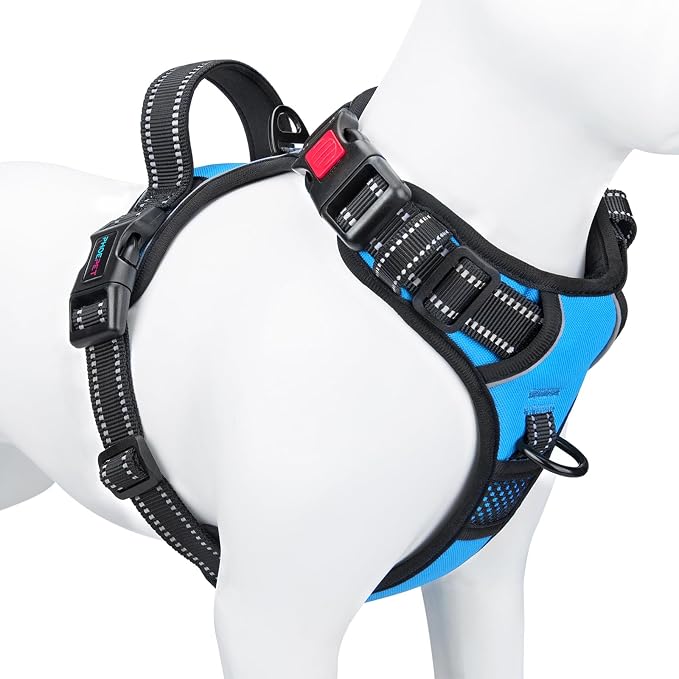 Reflective Dog Harness Large Breed Adjustable No Pull Vest | with Handle 2 Metal Rings 3 Buckles [Easy to Put on & Take off](L, Blue)