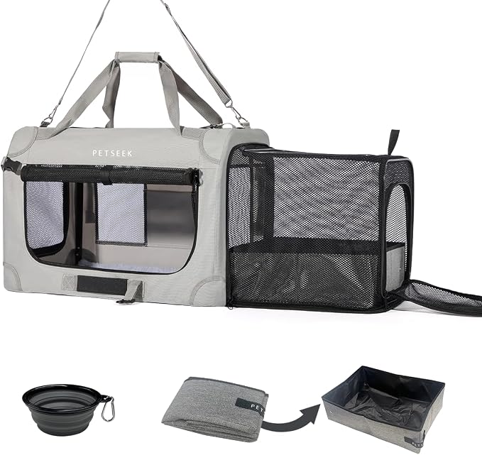 Extra Large Expandable Cat Carrier Soft Sided for Car, Portable Small Dog Carrier for 2 Cats, 24"x16.5"x16" Road Travel Folding Comfortable Design with Litter Box and Bowl