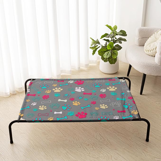 QOOMO Elevated Dog Bed with Cooling Fabric, Pet Cot for Small and Big Dogs, Indoor and Outdoor Use, Joint Relief, Cute Printed Cushion Included (Colored Paw Prints, 35.43" L*25.59" W*8.27" Th)