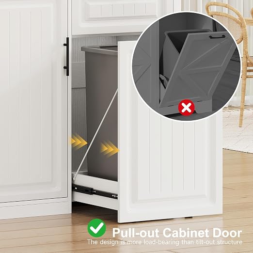 ZIFTY Pull Out Trash Can Cabinet with Storage, 13 Gallon Trash Can, White | Pet Proof, Freestanding Kitchen Cabinet, Drawer & Adjustable Shelf, Garbage Recycling, Modern Farmhouse Waste Bin Furniture