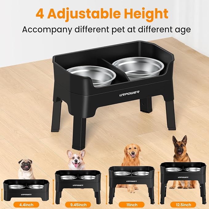URPOWER 3-in-1 Elevated Dog Bowls - Mess Proof Double Deck 4 Height Adjustable Raised Stand with 2 Stainless Steel Food Bowls & Licking Plate for Small, Medium & Large Dogs (Pack of 2)