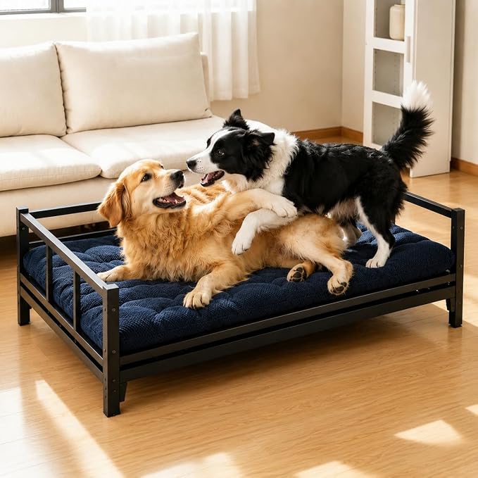 Indestructible Elevated Steel Dog Bed Frame 47"x 27"x 12" with Washable Cushion Mat, Raised Pet Cot Supports 220lbs Large Size Dog,Sturdy, Durable, No-Slip Feet, for Indoor & Outdoor,Matte Black