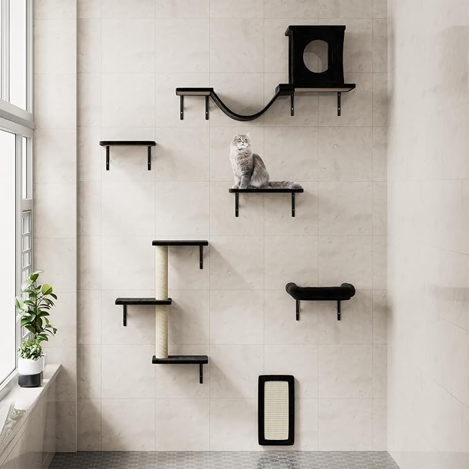 12-in-1 Cat Wall Shelves, Luxury Wall-Mounted Cat Climber Set with Condos House, Scratching Post, Bridge Ladder, Indoor Space-Saving Furniture for Kittens, Black