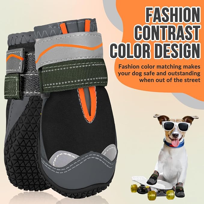 SlowTon Dog Shoes for Large Small Medium Dogs - Waterproof Dog Boots for Summer Hot Pavement, Paw Protector for Outdoor Walking Winter Snow, Anti-Slip Rubber Dog Booties for Hardwood Floor (Black, 4)